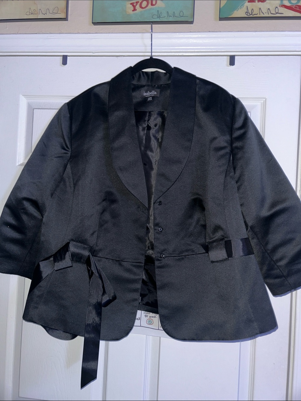 Black Satin Open-Front blazer Jacket with Tie Waist